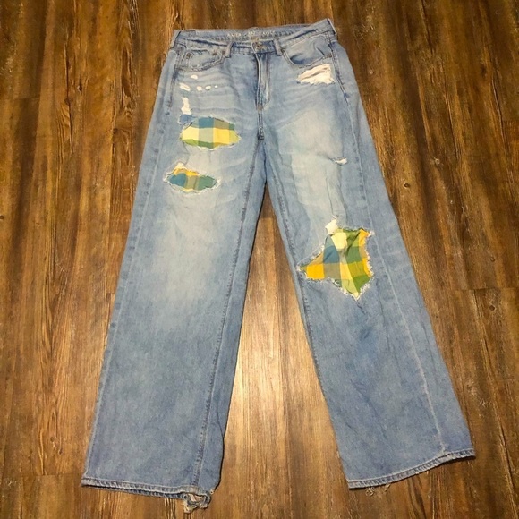 American Eagle Jeans Women's 6 Skater Patchwork Wide Leg High Rise Light Wash - Picture 1 of 7